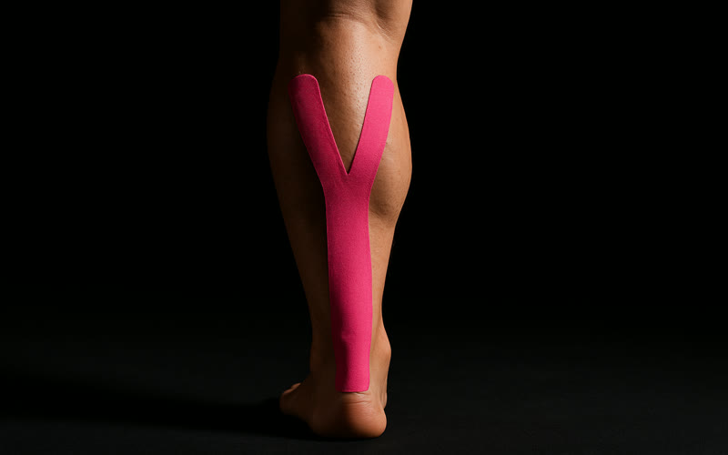 Kinesio tape em Y aplicado na panturrilha, técnica de facilitação