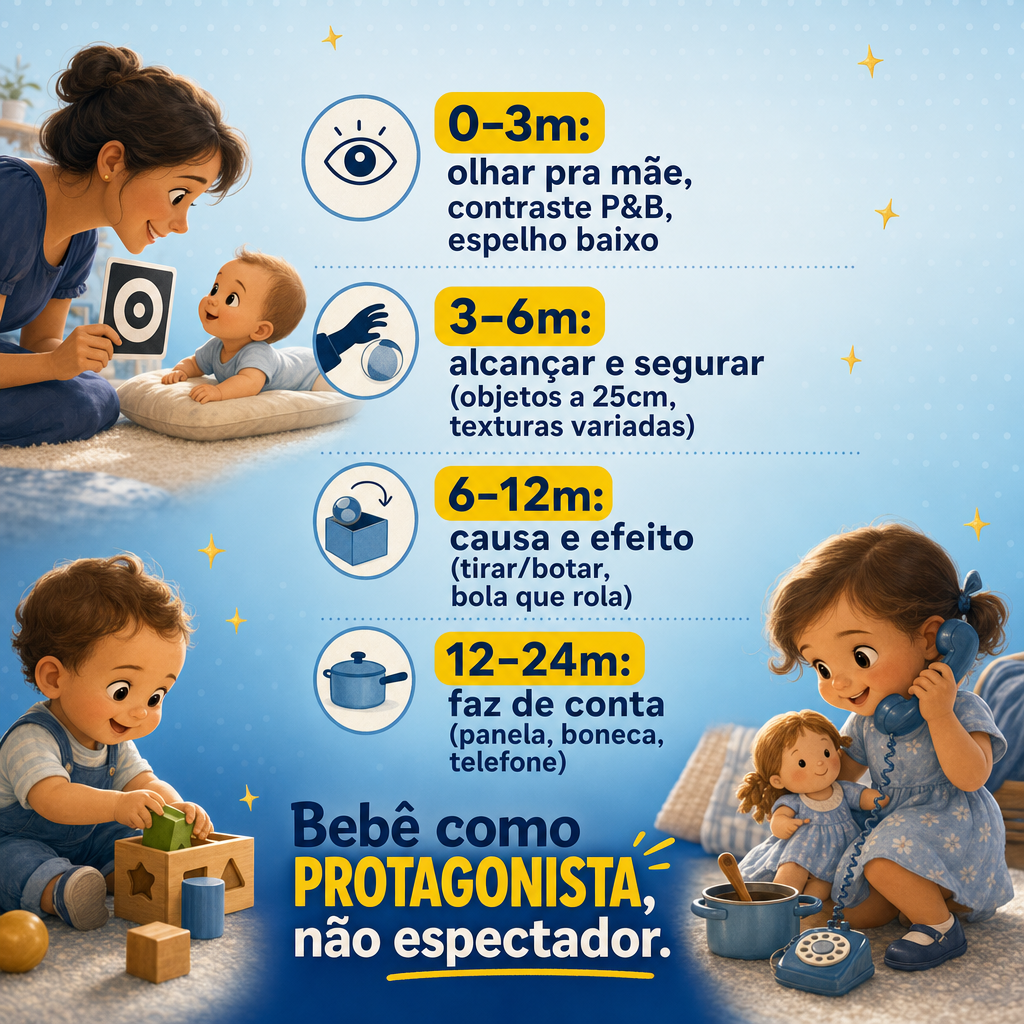 Brincar por idade — 0-3m / 3-6m / 6-12m / 12-24m com brinquedos correspondentes