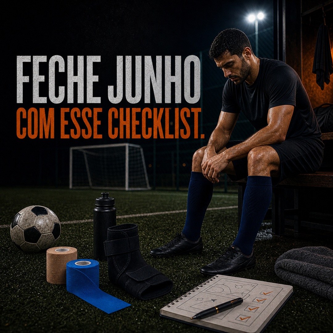 composição editorial com kinesio, cohesive, órtese, meia compressiva e gelo
