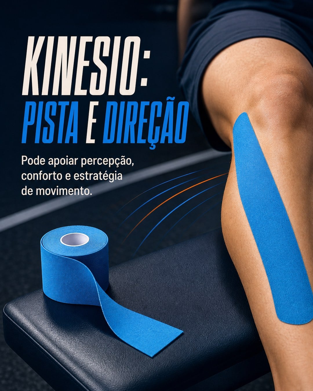 Bandagem Kinesio aplicada no ombro, com a fita e a região de uso em contexto esportivo.