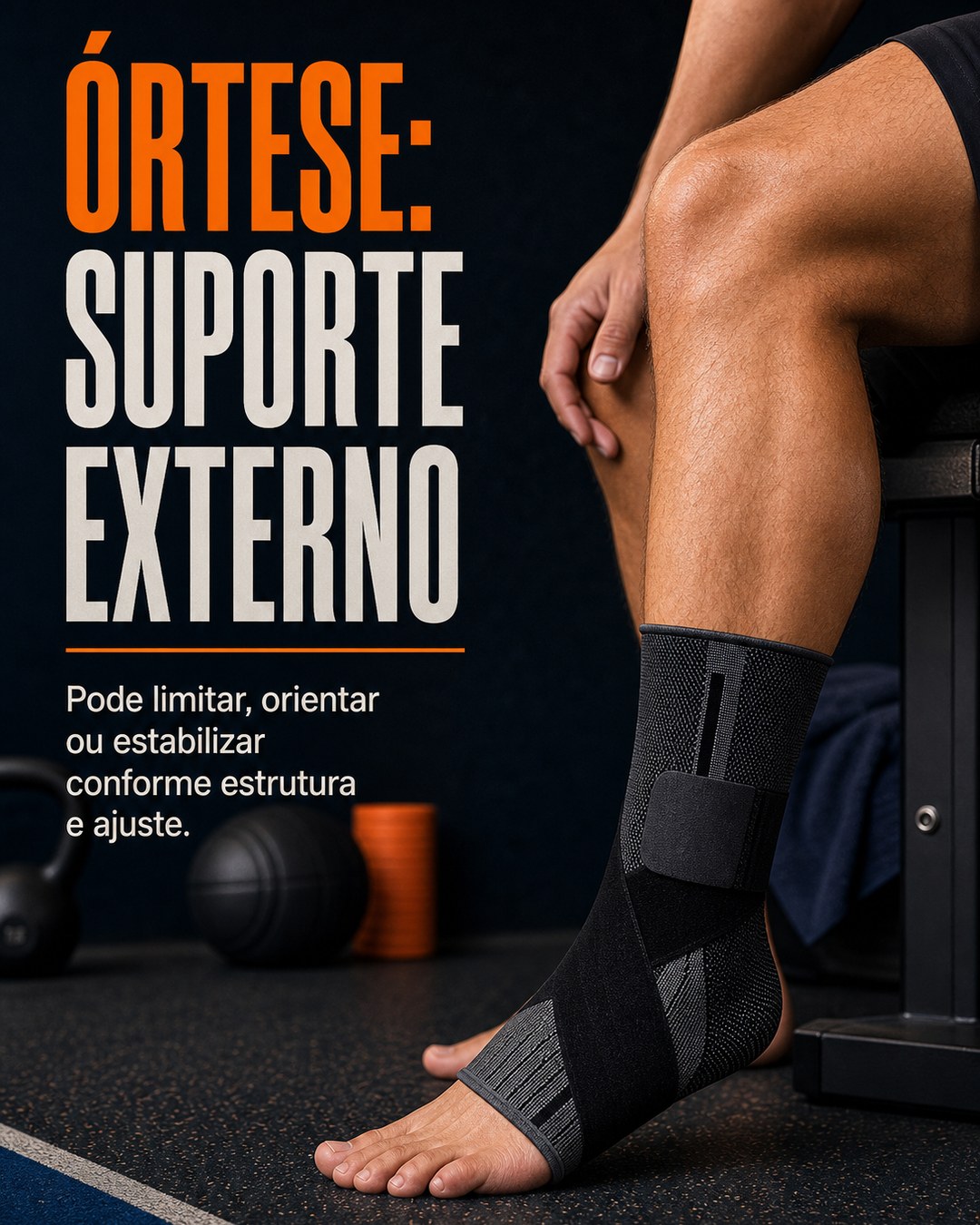 Órtese esportiva no tornozelo, ilustrando suporte externo estruturado e a importância do ajuste.