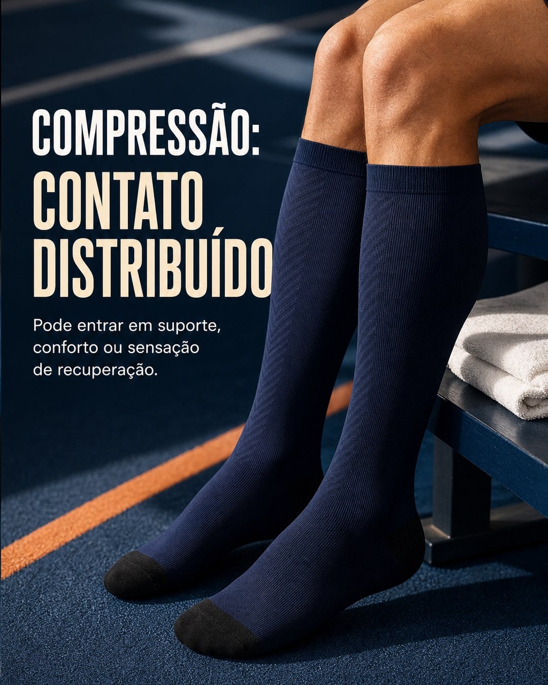 Meias esportivas de compressão, mostrando o contato distribuído nas pernas em um contexto de recuperação.